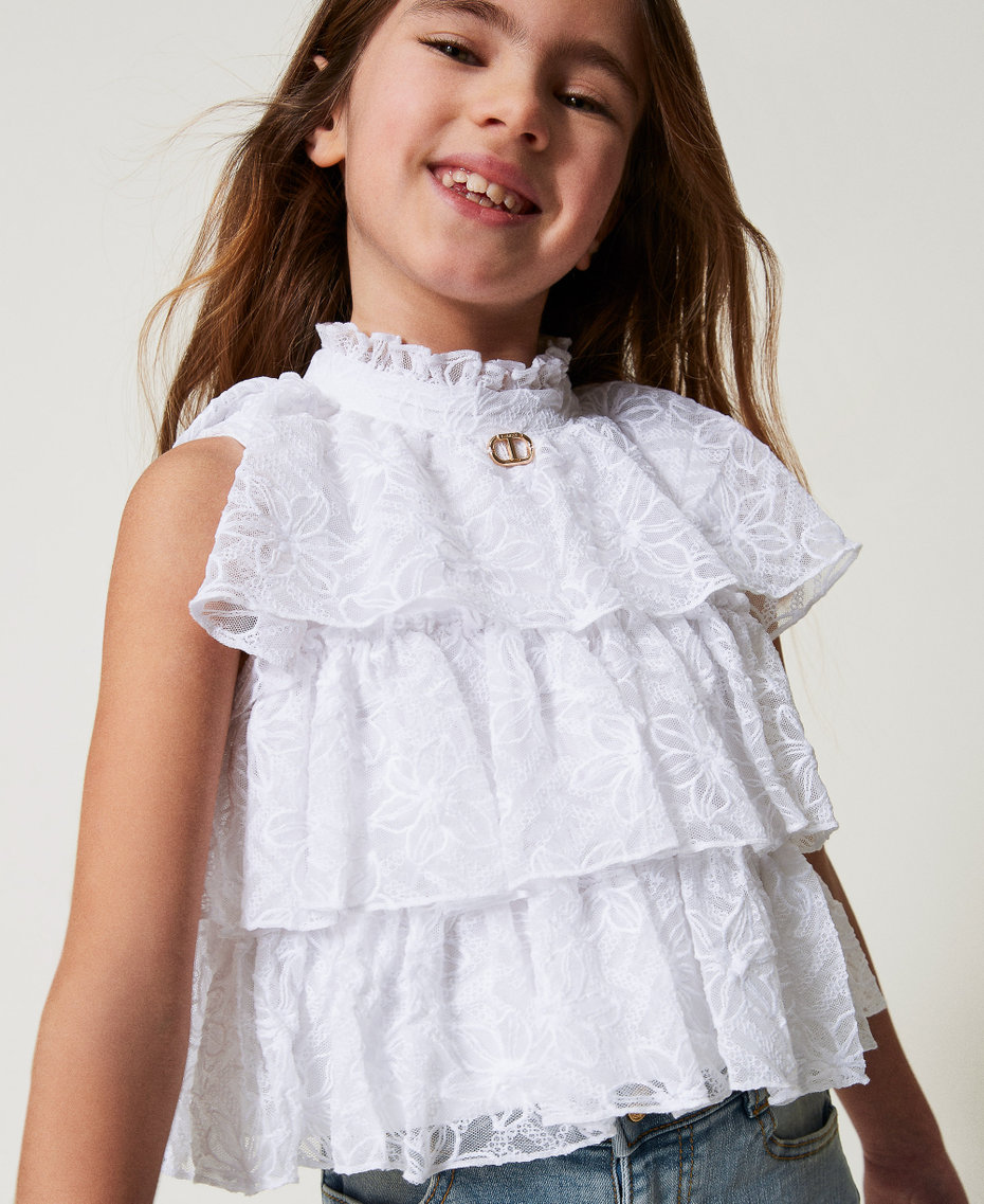 Embroidered tulle top with flounces "Ice" White Girl 251GJ2526_00808_04