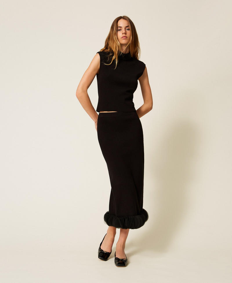 Midi knit skirt with organza Black Woman 252AP3013_00006_01