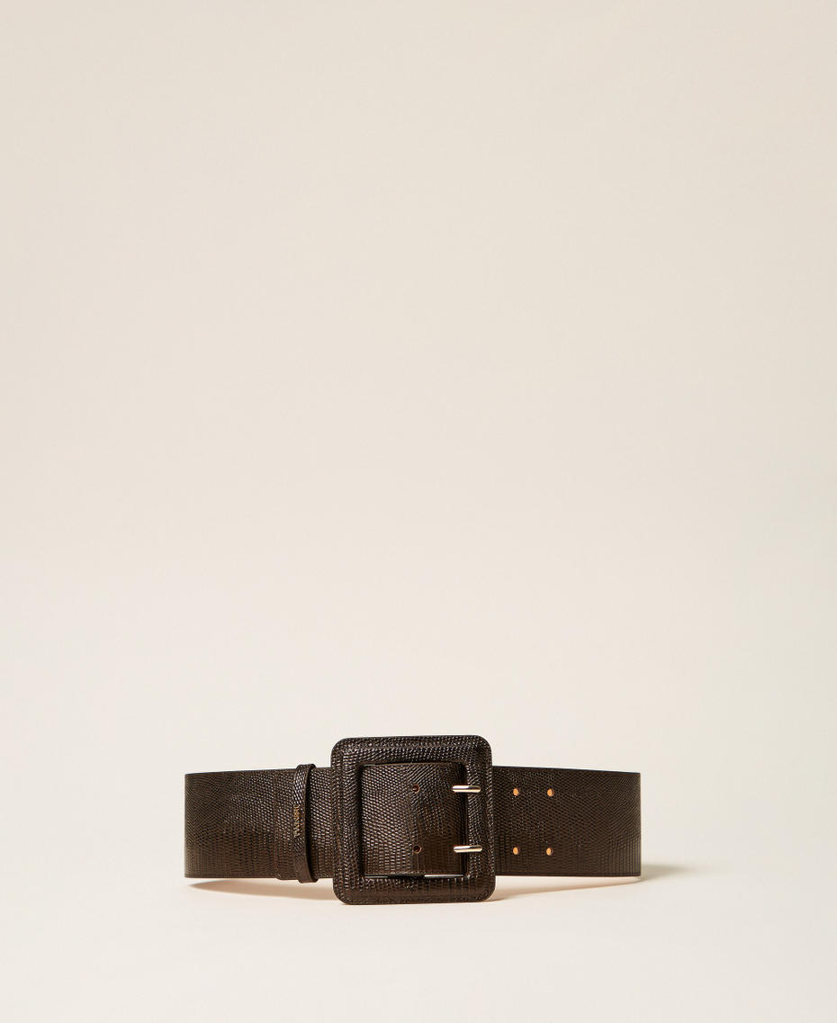 Lederg&uuml;rtel mit quadratischer Schnalle Karung-Print Darkness Brown Frau 262TA4720_13674_01