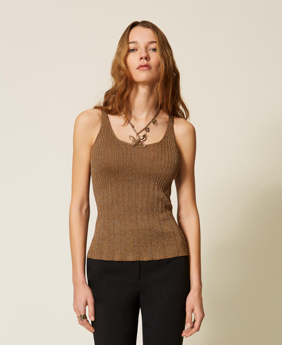Stricktop mit Lurex "Bubinga Wood"-Braun Lurexgold Frau 261TP3041_13361_01