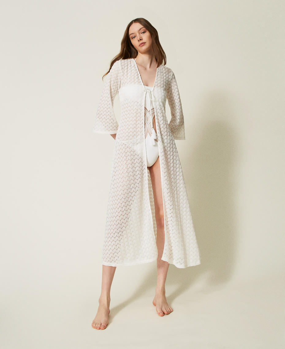 Long fitted crochet kaftan Sugar White Woman 251LM2HDD_00632_01