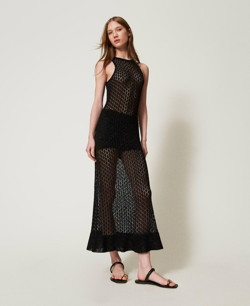 Robe longue en maille point filet et lurex Noir Femme 251LB3ABB_00006_01
