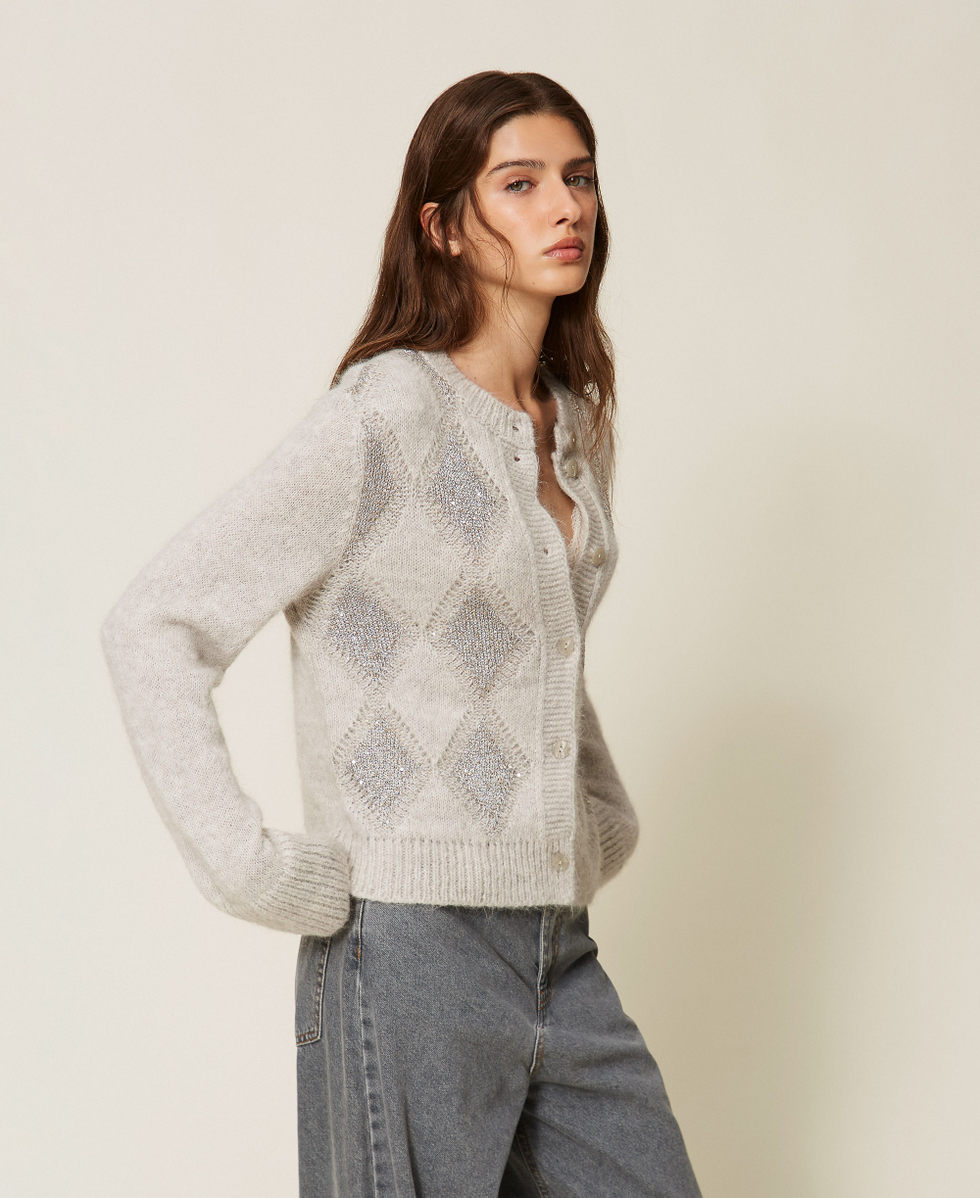 Cardigan jacquard avec losanges et sequins Gris Clair Chin&eacute; Femme 262TT3170_12837_02