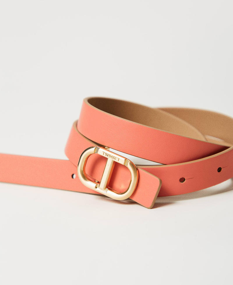 Reversible leather belt with buckle Two-tone Rope Beige/Coralline Woman 251TA4381_12269_03