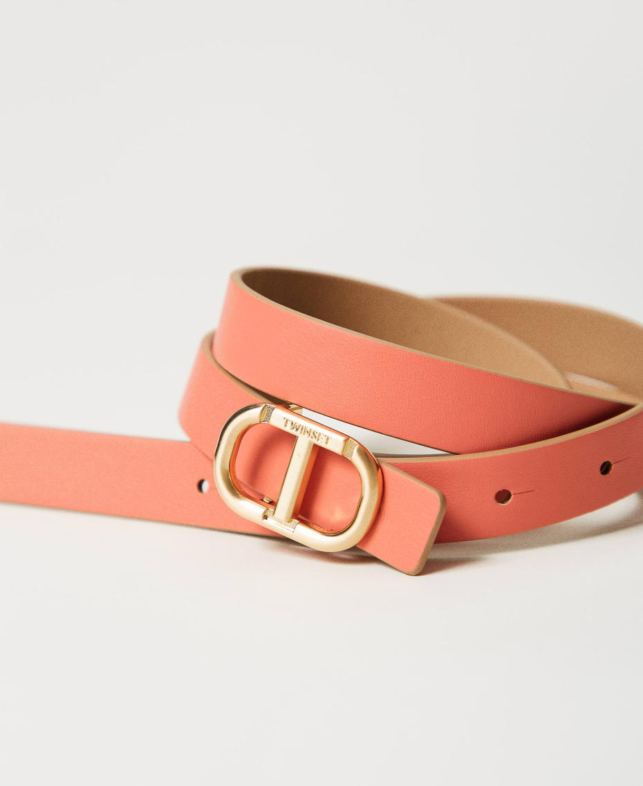 Reversible leather belt with buckle Two-tone Rope Beige/Coralline Woman 251TA4381_12269_03