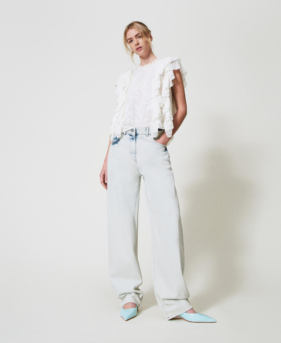 Bluse aus Musselin mit R&uuml;schen und Stickerei Sugar Wei&szlig; Frau 251AP2490_00632_T0