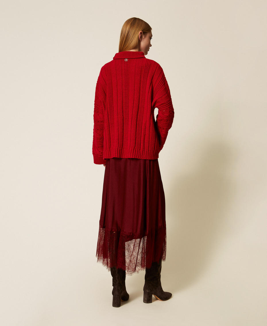 Midi-Rock aus Satin mit Spitze Red Wine Frau 252LL2TCC_12818_03