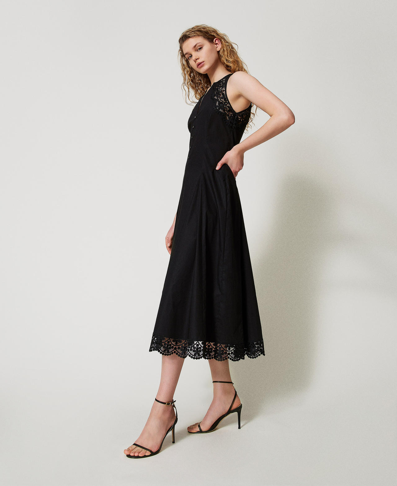 Long poplin dress with lace Black Woman 251TT2090_00006_02