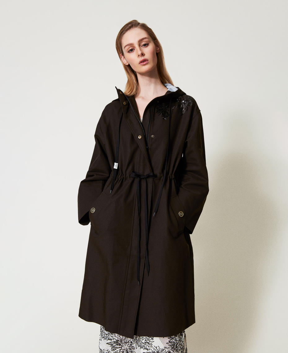 Hooded parka coat with embroidery Black Woman 251TE2181_00006_01