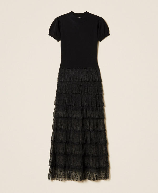 Long knit dress with plumetis lace