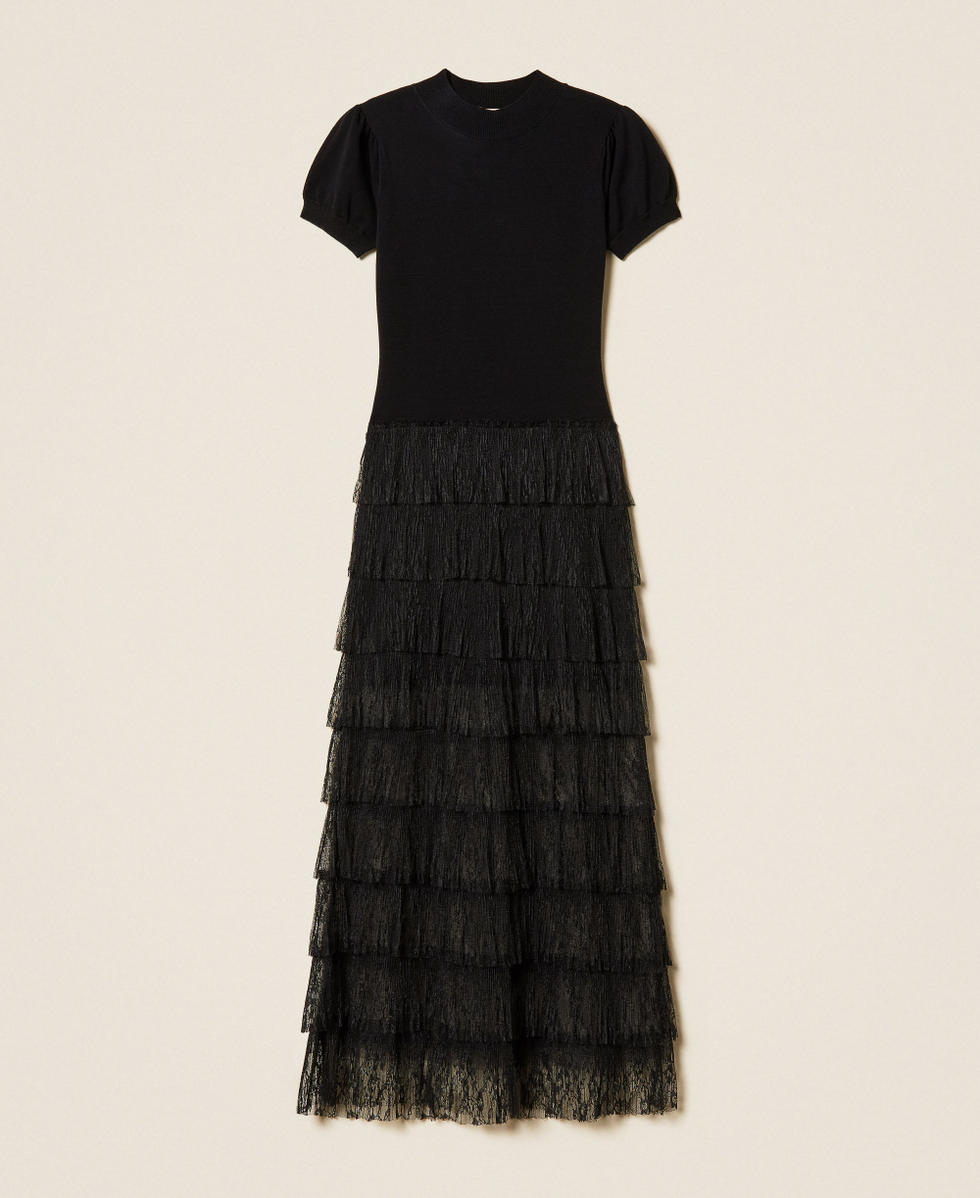 Long knit dress with plumetis lace