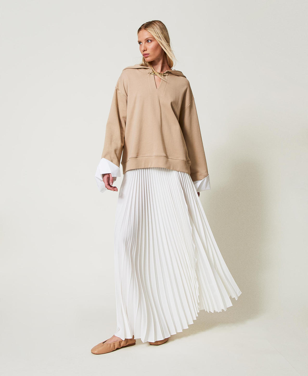 Pleated crêpe de Chine long skirt Woman, White | TWINSET Milano