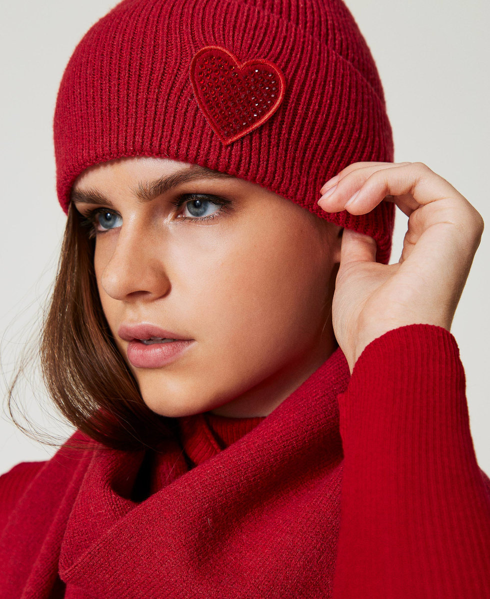Berretto in maglia con patch a cuore Donna Rosso TWINSET Milano