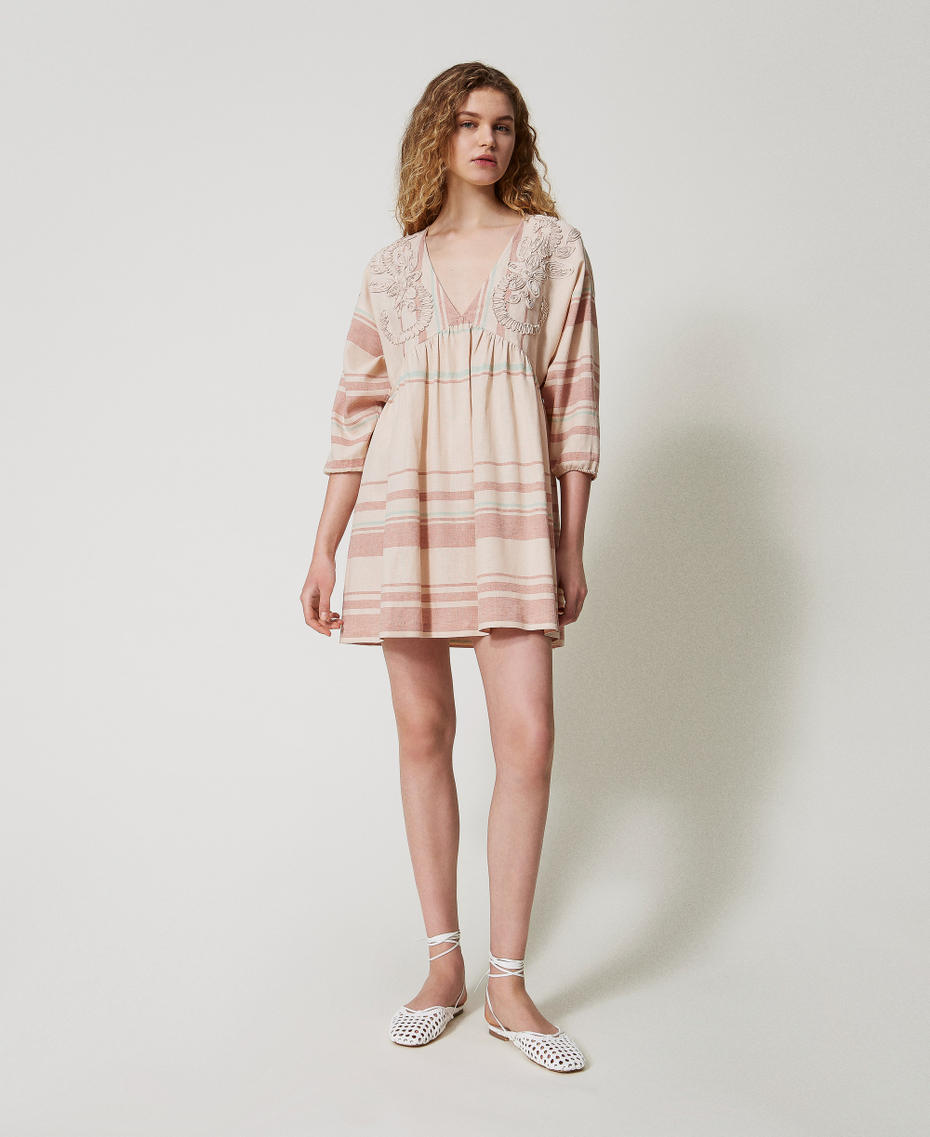 Caftan court en lin mélangé avec broderies Rayure Almond Beige/Green Marine/Amber Brown Femme 251LM2RCC_12377_01