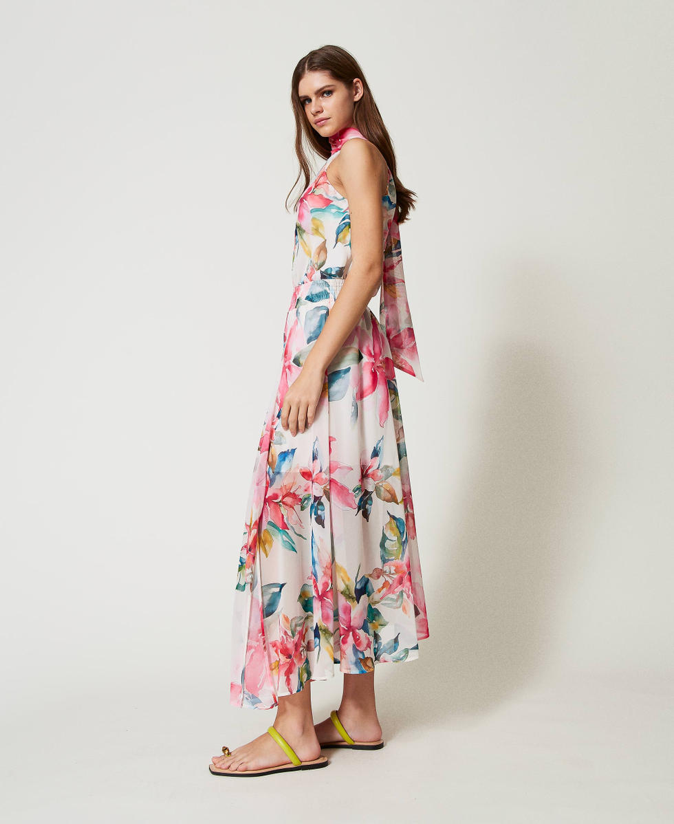 Maxirock aus Georgette mit Blumenprint Blumenprint Perlmutt / Multicolor Frau 251LB2ZFF_12194_02