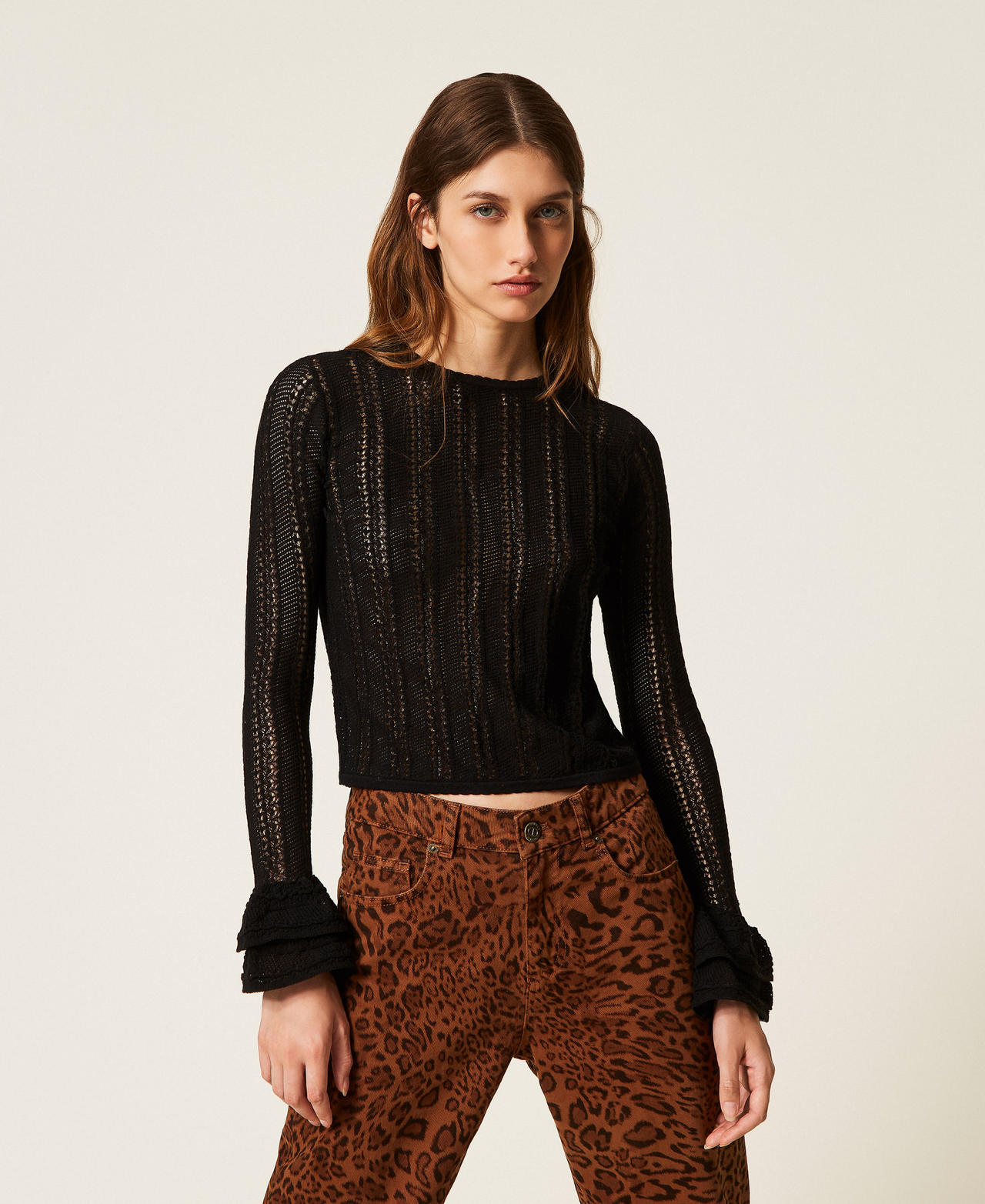 Fitted jumper with flounces Black Woman 252TP3181_00006_01