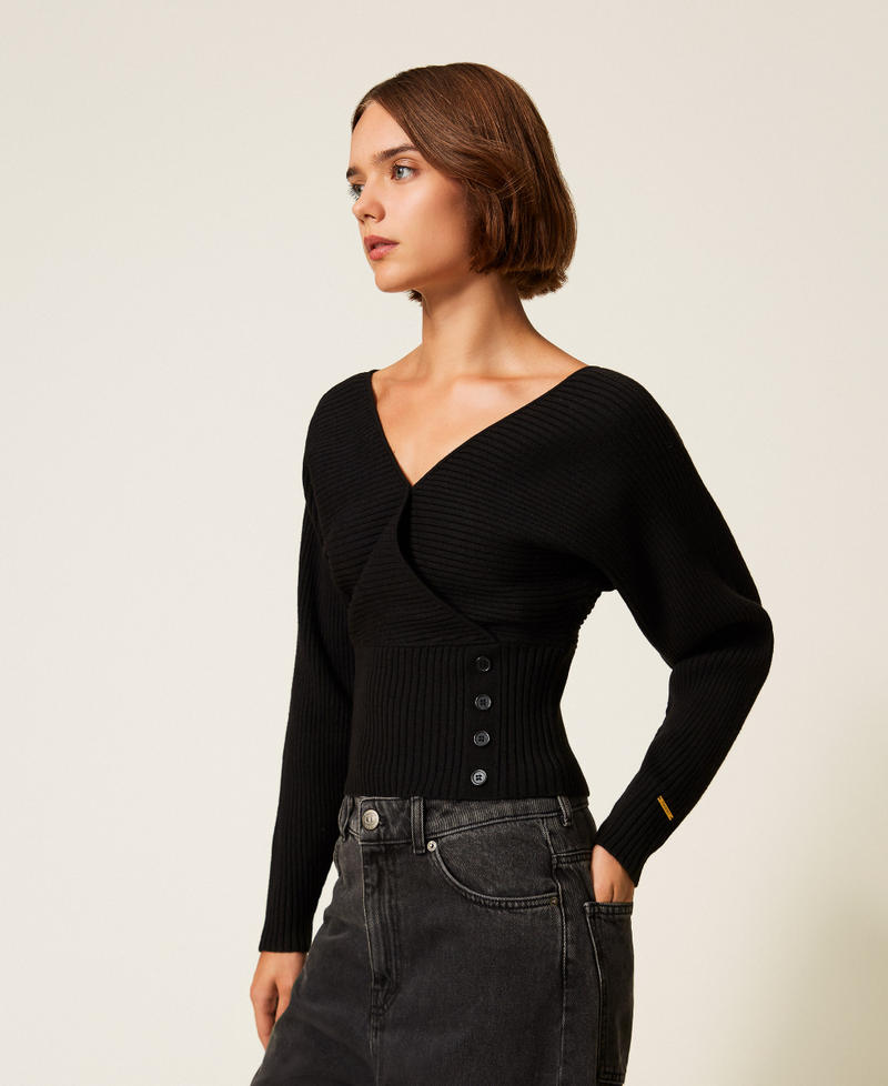 Rib knit cross front jumper Black Woman 252LI3QBB_00006_02