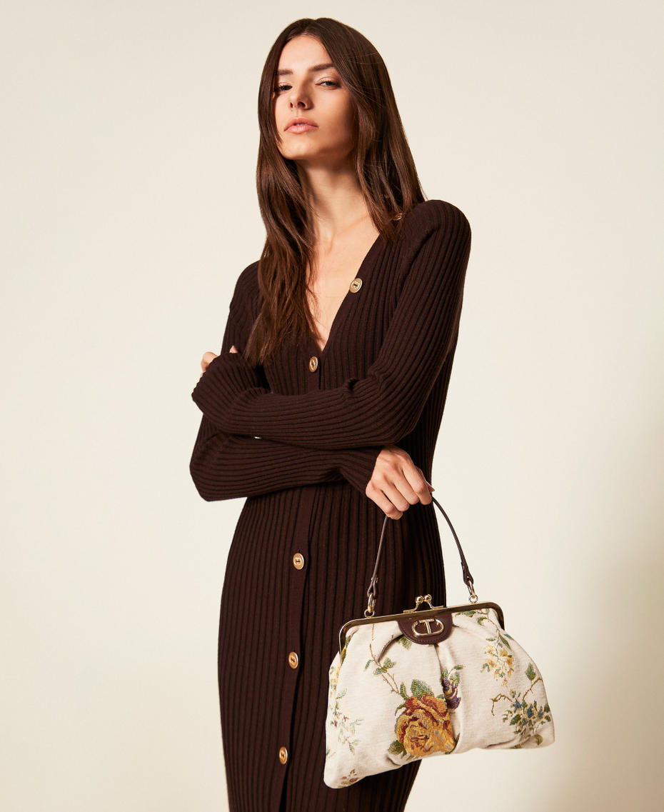 Umhängetasche aus Jacquard mit floralem Muster Jacquard Brokat Perlmutt Frau 252TD8320_12960_T0