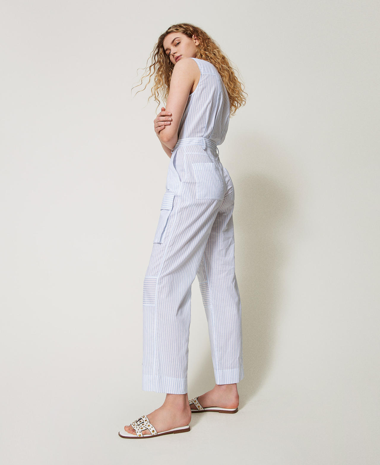 Full-length striped poplin jumpsuit Two-tone Papers White/Deep Light Blue Woman 251AX2051_12399_01