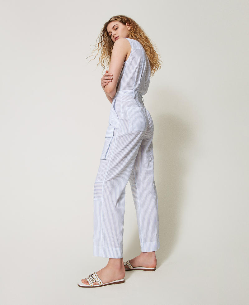 Full-length striped poplin jumpsuit Two-tone Papers White/Deep Light Blue Woman 251AX2051_12399_01