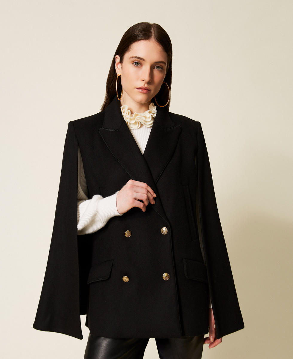 Caban im Cape-Stil aus Wollmischtuch Schwarz Frau 252TS2130_00006_01