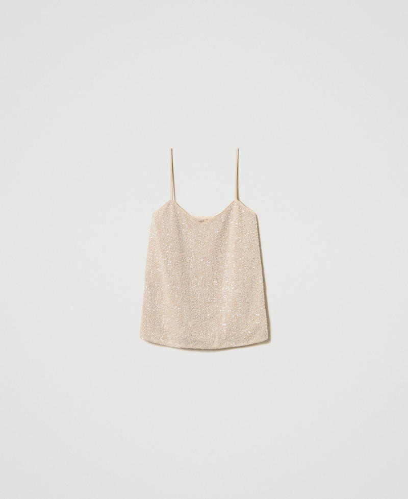 Top with sequins and pearls Snow/Delicate Beige Sequin & Pearl Embroidery Woman 251TP2201_12254_0S